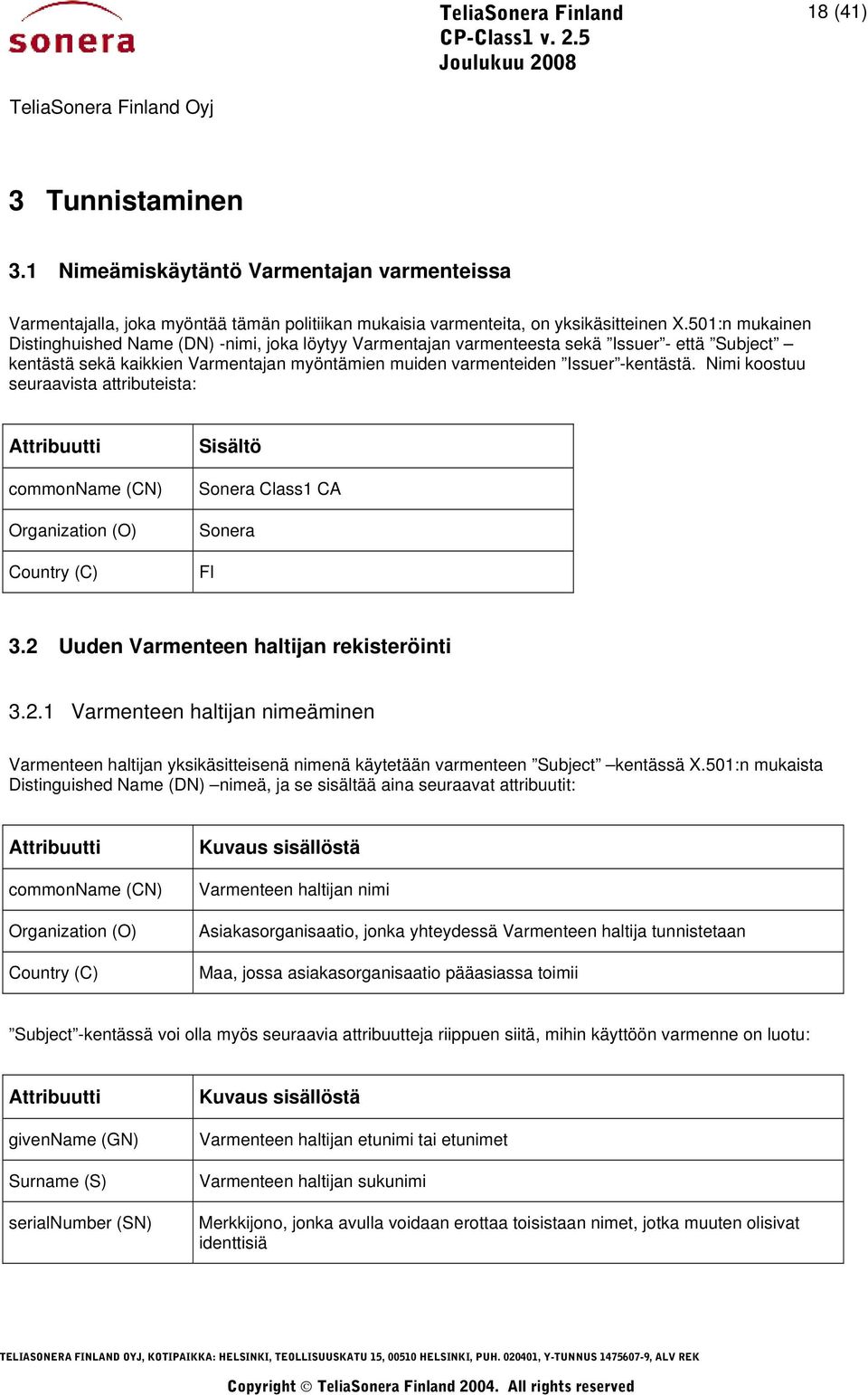 Nimi koostuu seuraavista attributeista: Attribuutti commonname (CN) Organization (O) Country (C) Sisältö Sonera Class1 CA Sonera FI 3.2 