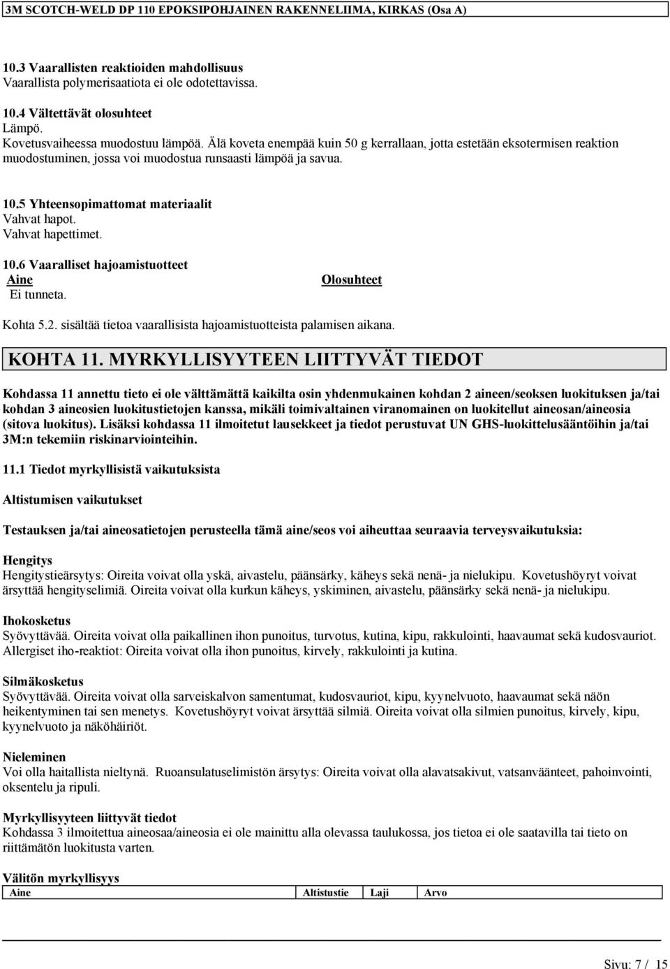 5 Yhteensopimattomat materiaalit Vahvat hapot. Vahvat hapettimet. 10.6 Vaaralliset hajoamistuotteet Aine Ei tunneta. Olosuhteet Kohta 5.2.