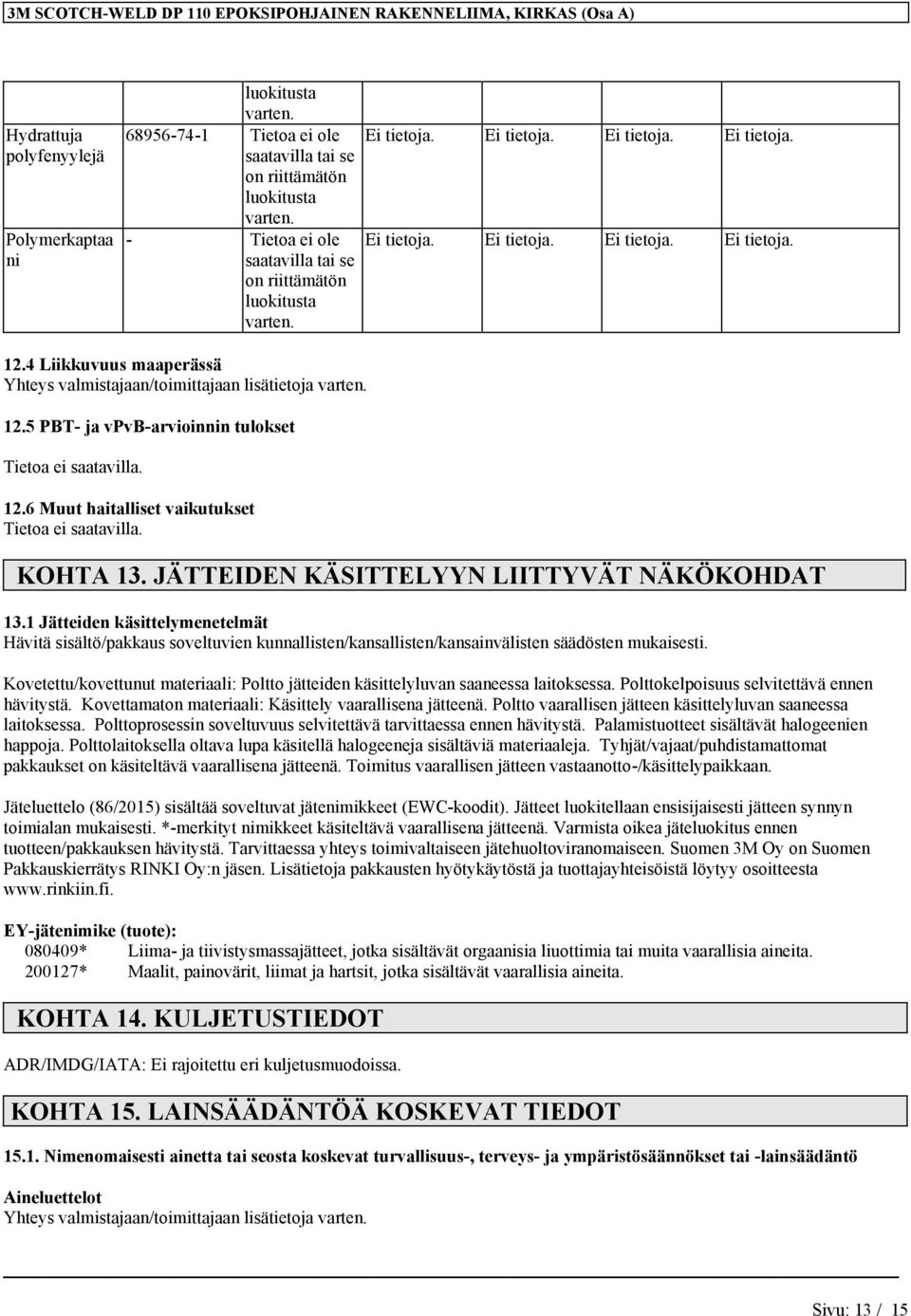 4 Liikkuvuus maaperässä Yhteys valmistajaan/toimittajaan lisätietoja 12.5 PBT- ja vpvb-arvioinnin tulokset 12.6 Muut haitalliset vaikutukset KOHTA 13. JÄTTEIDEN KÄSITTELYYN LIITTYVÄT NÄKÖKOHDAT 13.