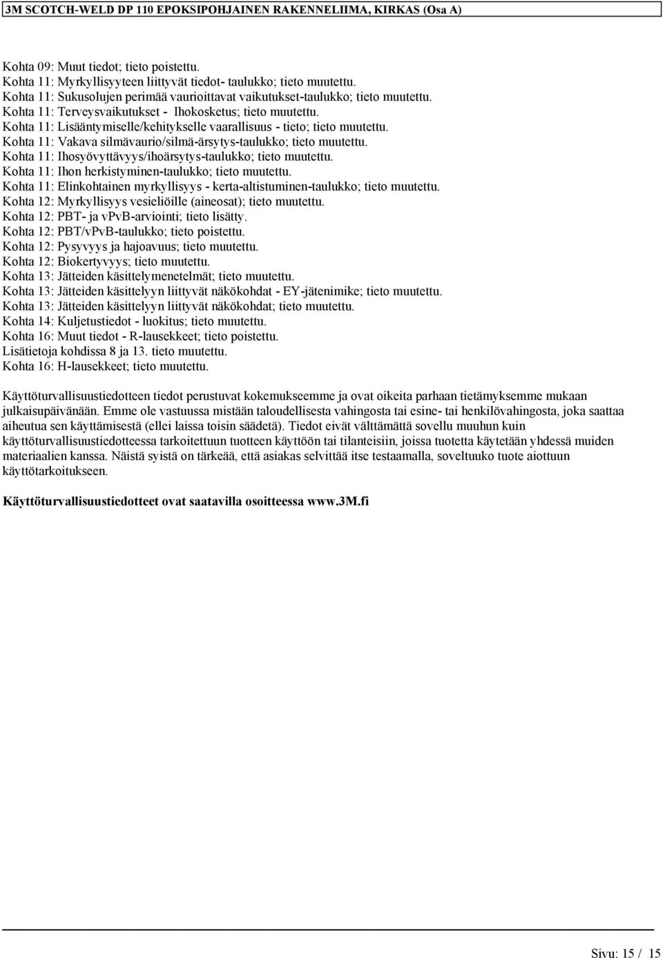 Kohta 11: Lisääntymiselle/kehitykselle vaarallisuus - tieto; tieto muutettu. Kohta 11: Vakava silmävaurio/silmä-ärsytys-taulukko; tieto muutettu.