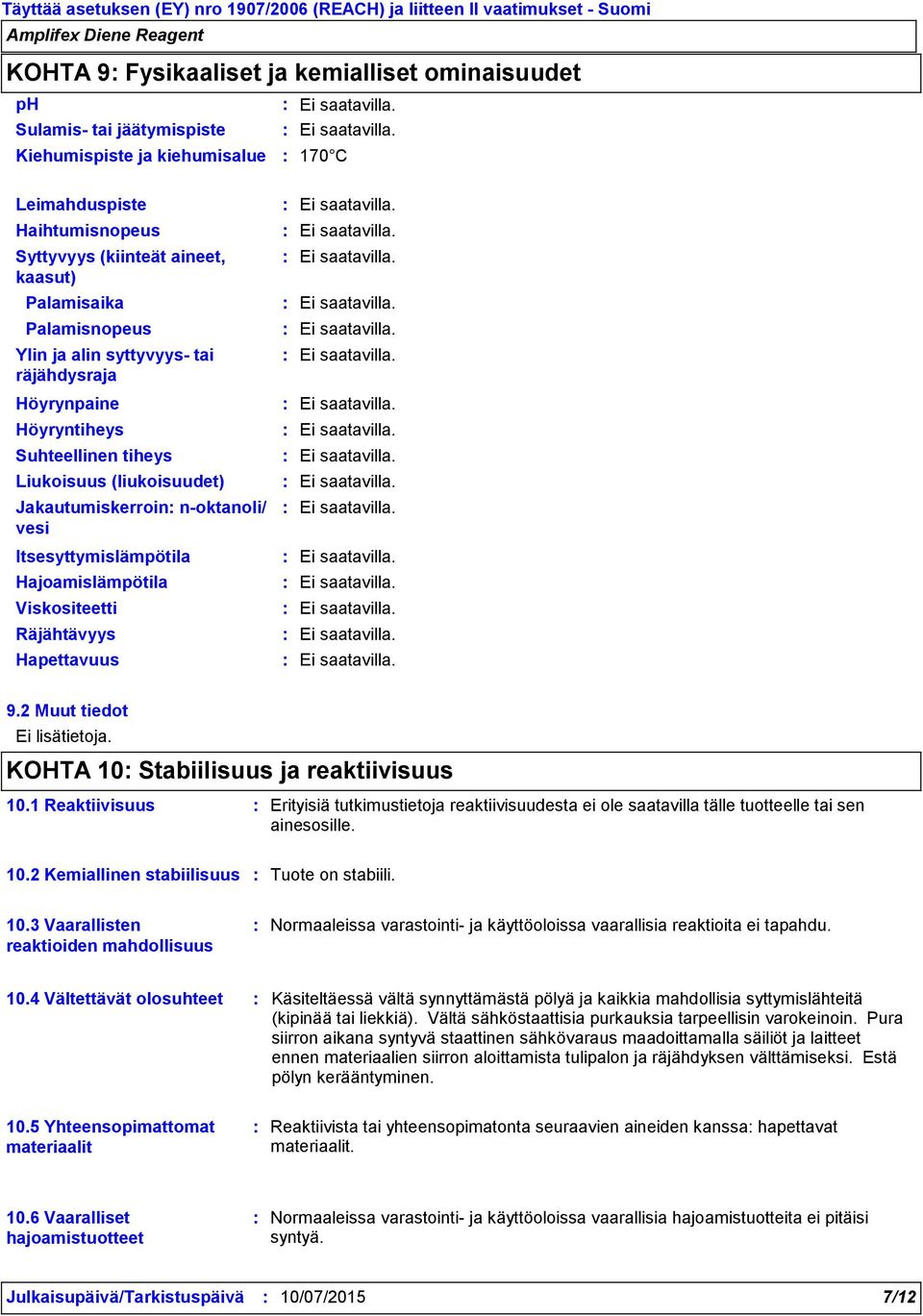 (liukoisuudet) Jakautumiskerroin noktanoli/ vesi Itsesyttymislämpötila Hajoamislämpötila Viskositeetti Räjähtävyys Hapettavuus 170 C 9.2 Muut tiedot Ei lisätietoja.