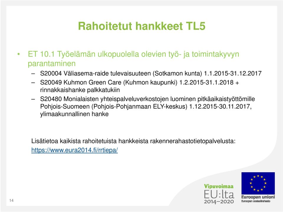 12.2017 S20049 Kuhmon Green Care (Kuhmon kaupunki) 1.2.2015-31.1.2018 + rinnakkaishanke palkkatukiin S20480 Monialaisten