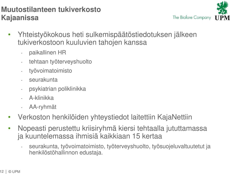 Verkoston henkilöiden yhteystiedot laitettiin KajaNettiin Nopeasti perustettu kriisiryhmä kiersi tehtaalla jututtamassa ja