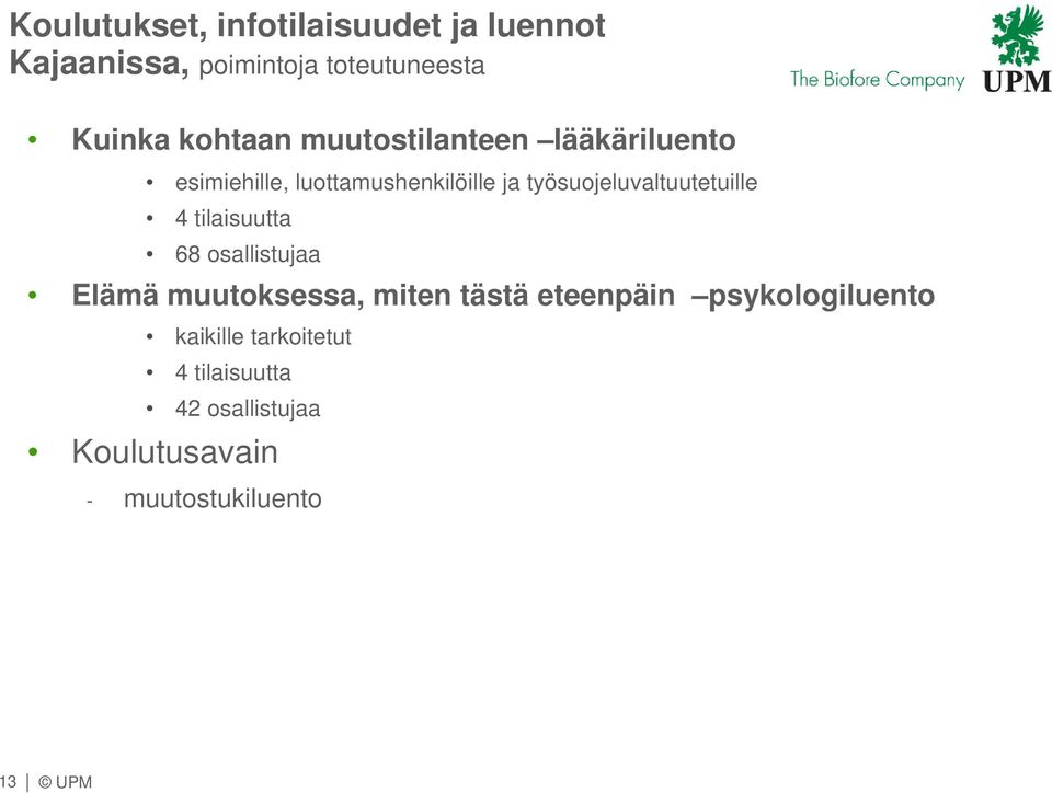 työsuojeluvaltuutetuille 4 tilaisuutta 68 osallistujaa Elämä muutoksessa, miten tästä
