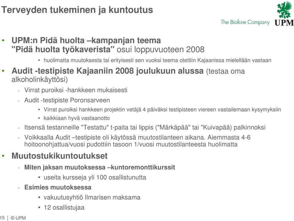 projektin vetäjä 4 päiväksi testipisteen viereen vastailemaan kysymyksiin kaikkiaan hyvä vastaanotto - Itsensä testanneille "Testattu" t-paita tai lippis ("Märkäpää" tai "Kuivapää) palkinnoksi -