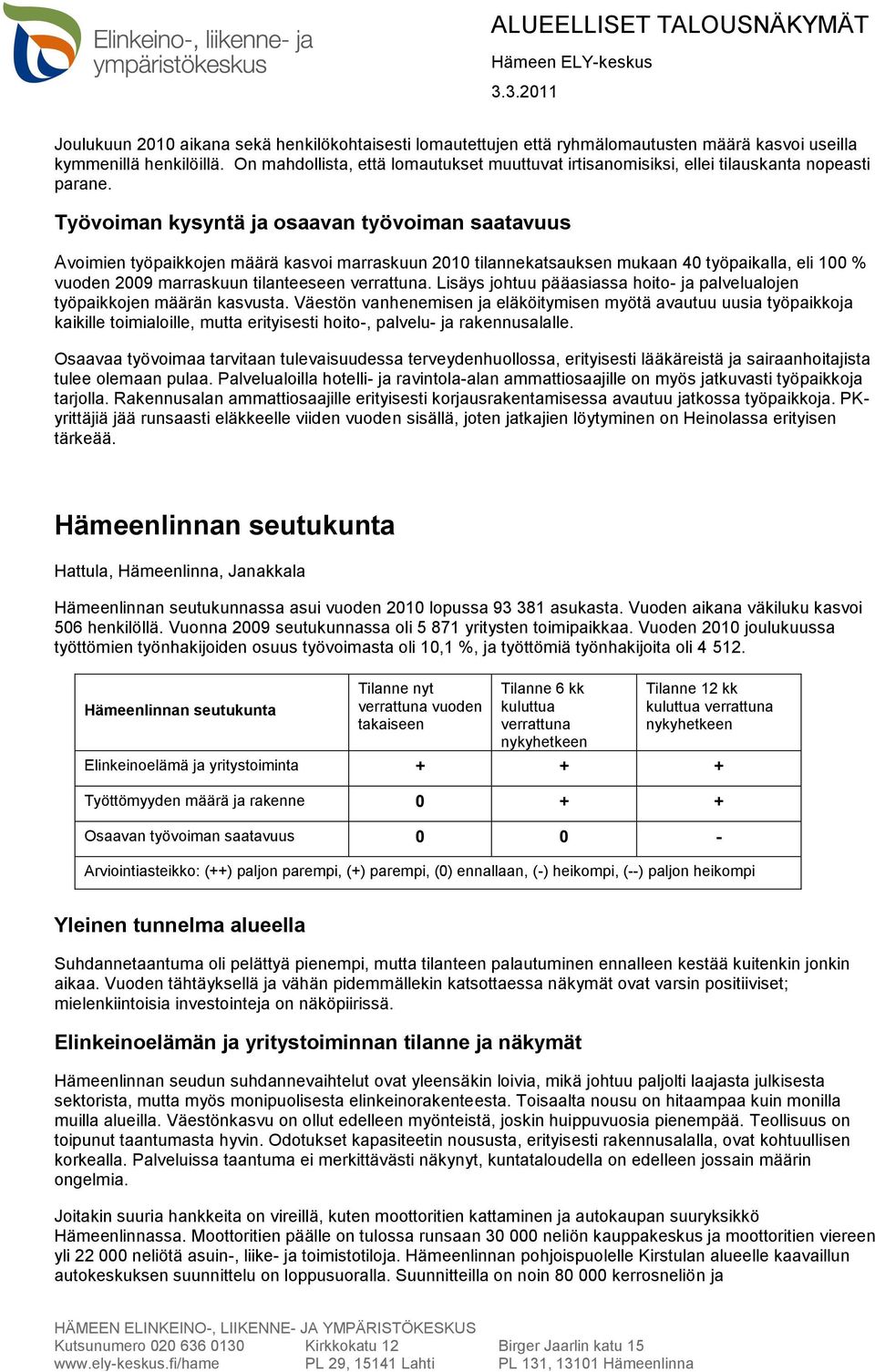 Avoimien työpaikkojen määrä kasvoi marraskuun 2010 tilannekatsauksen mukaan 40 työpaikalla, eli 100 % vuoden 2009 marraskuun tilanteeseen.