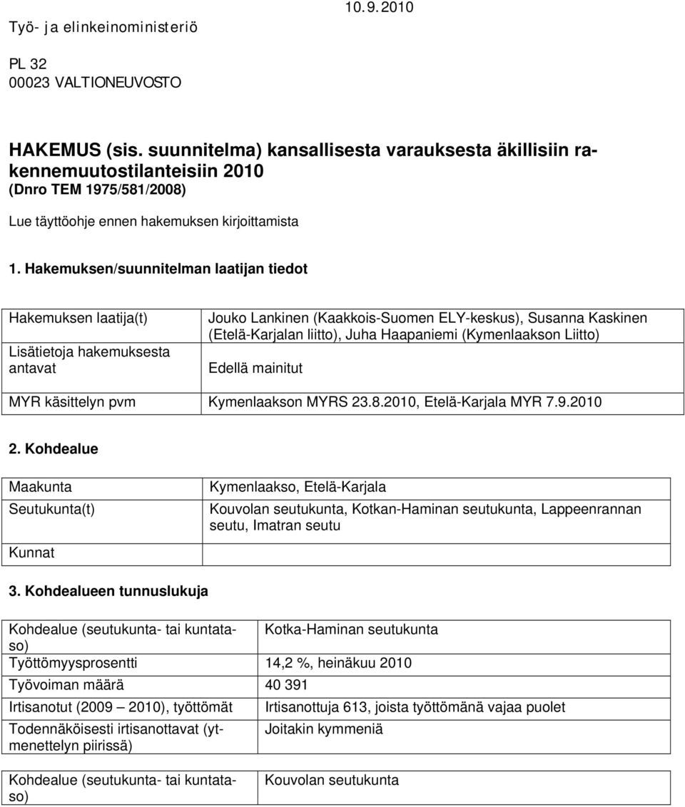 Hakemuksen/suunnitelman laatijan tiedot Hakemuksen laatija(t) Lisätietoja hakemuksesta antavat Jouko Lankinen (Kaakkois-Suomen ELY-keskus), Susanna Kaskinen (Etelä-Karjalan liitto), Juha Haapaniemi