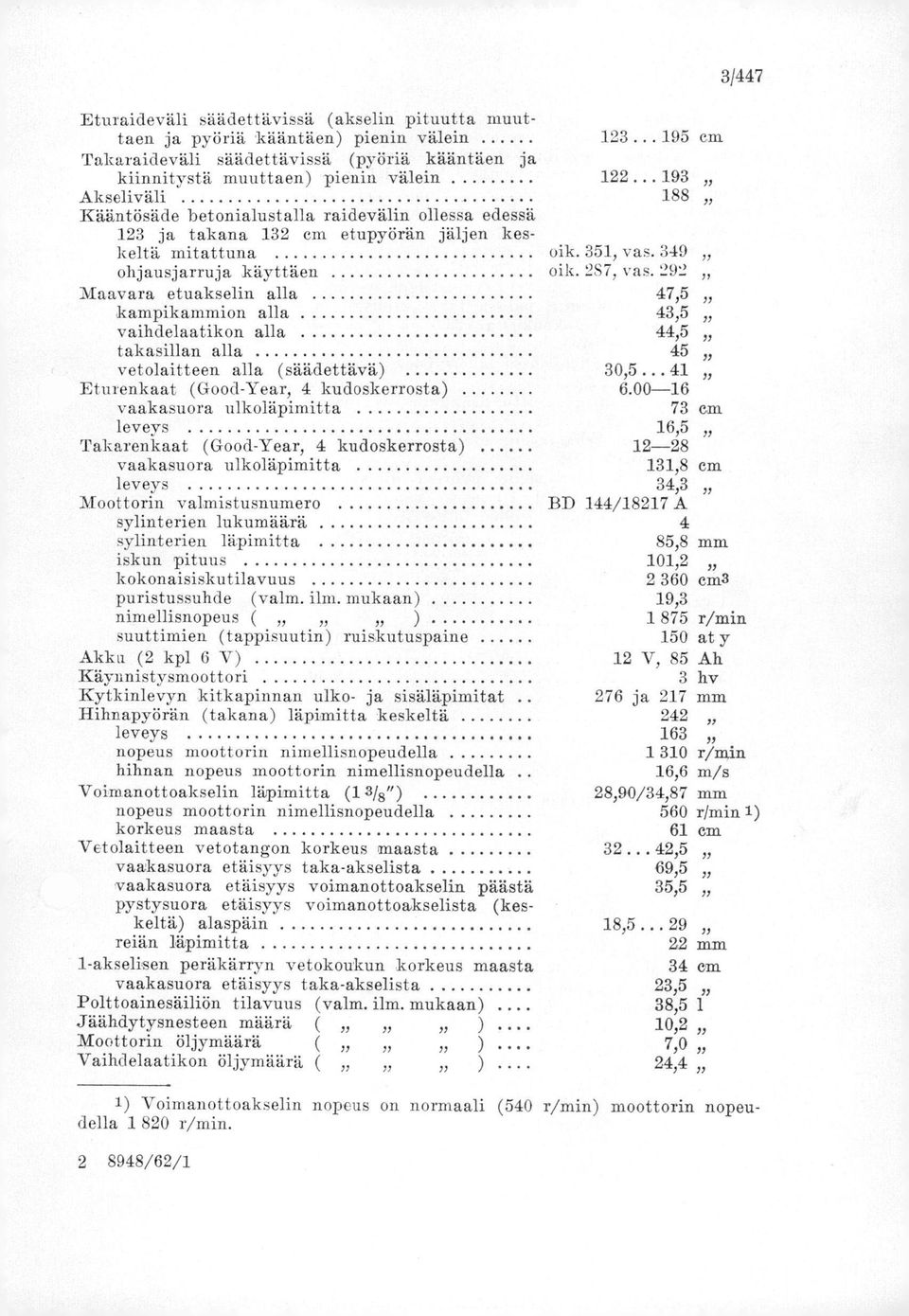 takasillan alla vetolaitteen alla (säädettävä) Eturenkaat (Good-Year, 4 kudoskerrosta) vaakasuora ulkoläpimitta. leveys. Takarenkaat (Good-Year, 4 kudoskerrosta) vaakasuora ulkoläpimitta leveys.