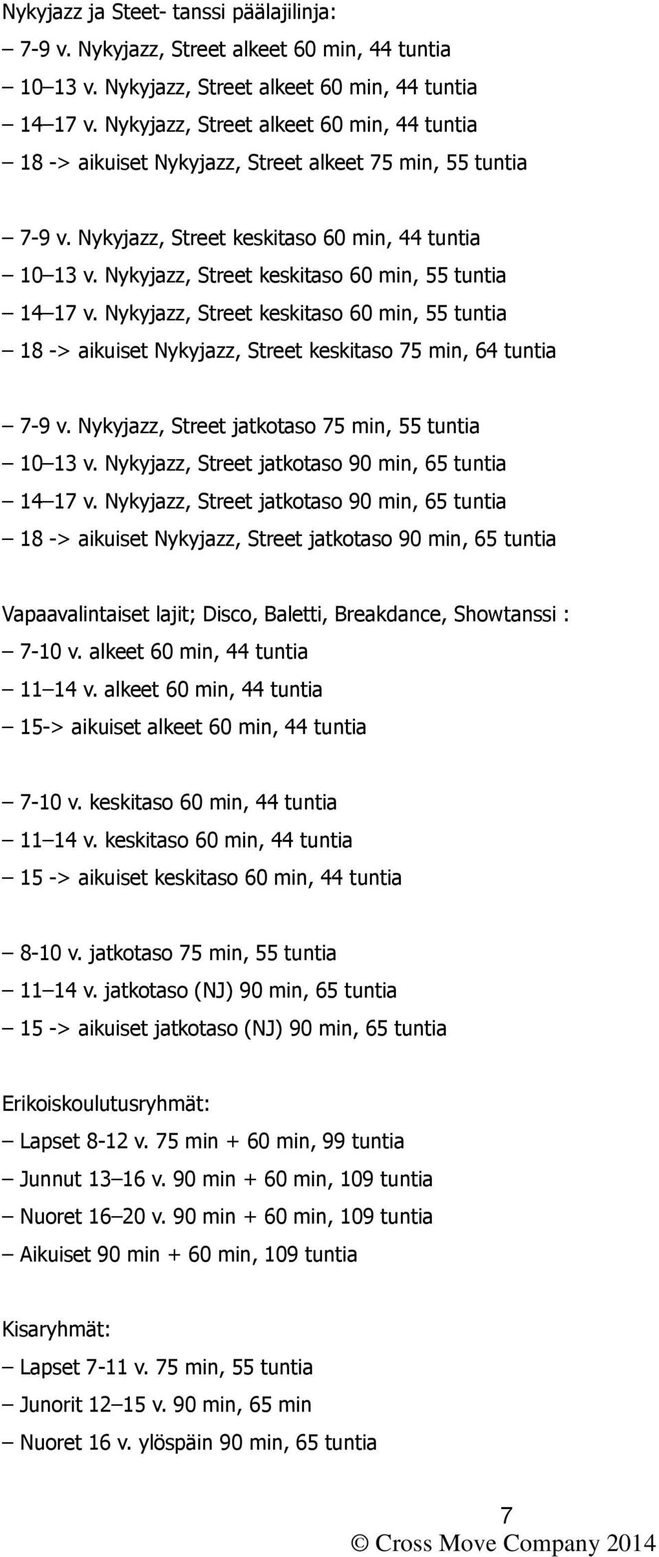 Nykyjazz, Street keskitaso 60 min, 55 tuntia 14 17 v. Nykyjazz, Street keskitaso 60 min, 55 tuntia 18 -> aikuiset Nykyjazz, Street keskitaso 75 min, 64 tuntia 7-9 v.