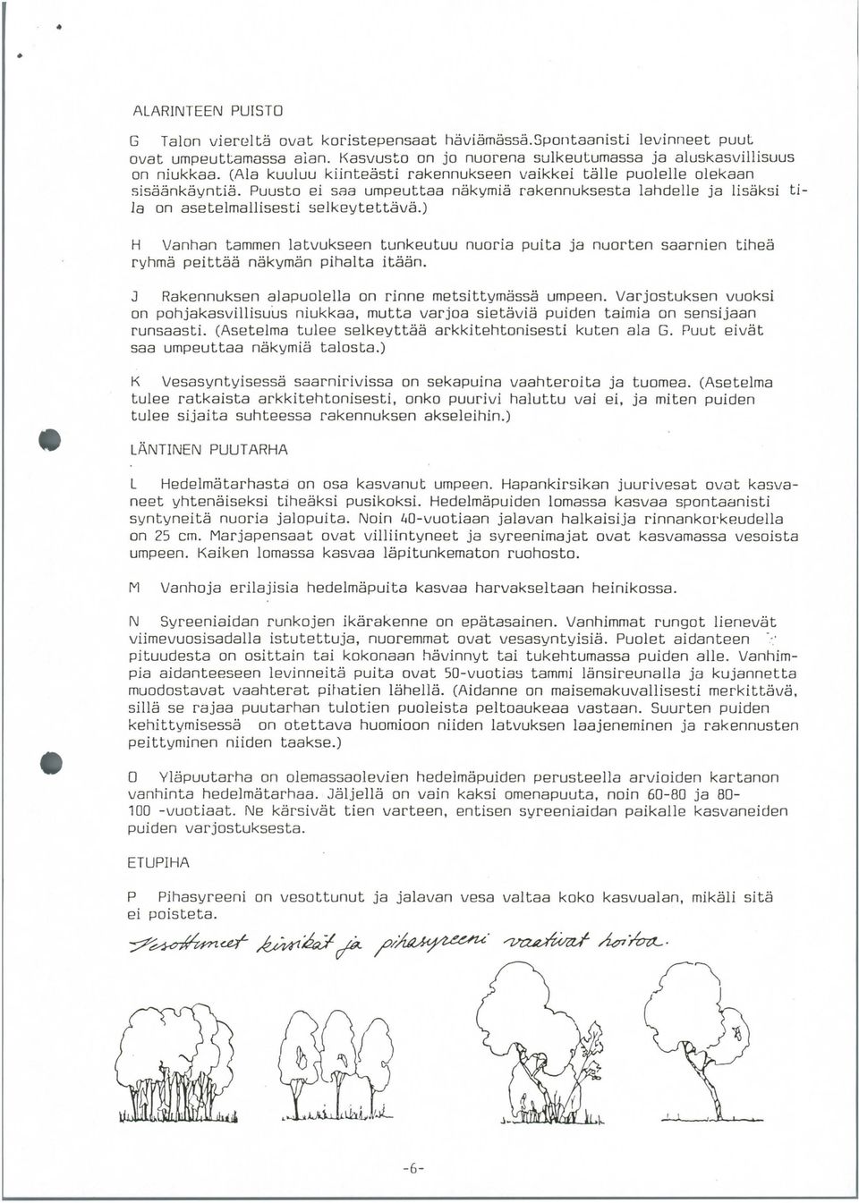 ) H Vanhan tammen latvukseen tunkeutuu nuoria puita ja nuorten saarnien tiheä ryhmä peittää näkymän pihalta itään. J Rakennuksen alapuolella on rinne metsittymässä umpeen.