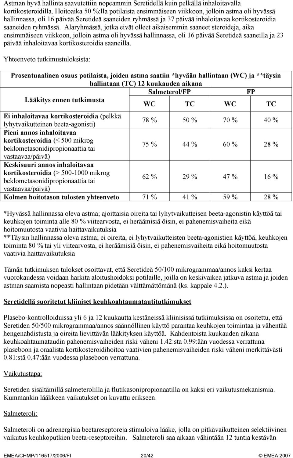 Alaryhmässä, jotka eivät olleet aikaisemmin saaneet steroideja, aika ensimmäiseen viikkoon, jolloin astma oli hyvässä hallinnassa, oli 16 päivää Seretideä saaneilla ja 23 päivää inhaloitavaa