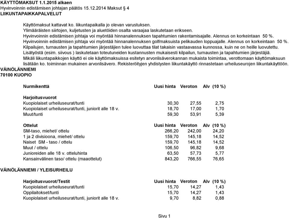 Alennus on korkeintaan 50 %. Hyvinvoinnin edistämisen johtaja voi myöntää hinnanalennuksen golfmaksuista pelikauden loppuajalle. Alennus on korkeintaan 50 %.