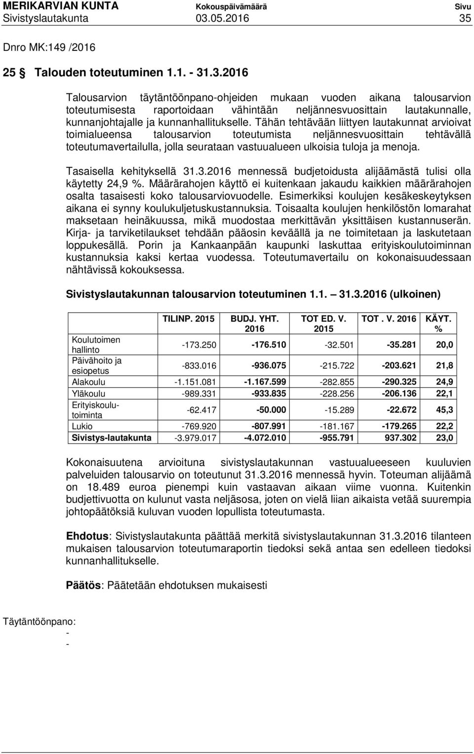 Tähän tehtävään liittyen lautakunnat arvioivat toimialueensa talousarvion toteutumista neljännesvuosittain tehtävällä toteutumavertailulla, jolla seurataan vastuualueen ulkoisia tuloja ja menoja.