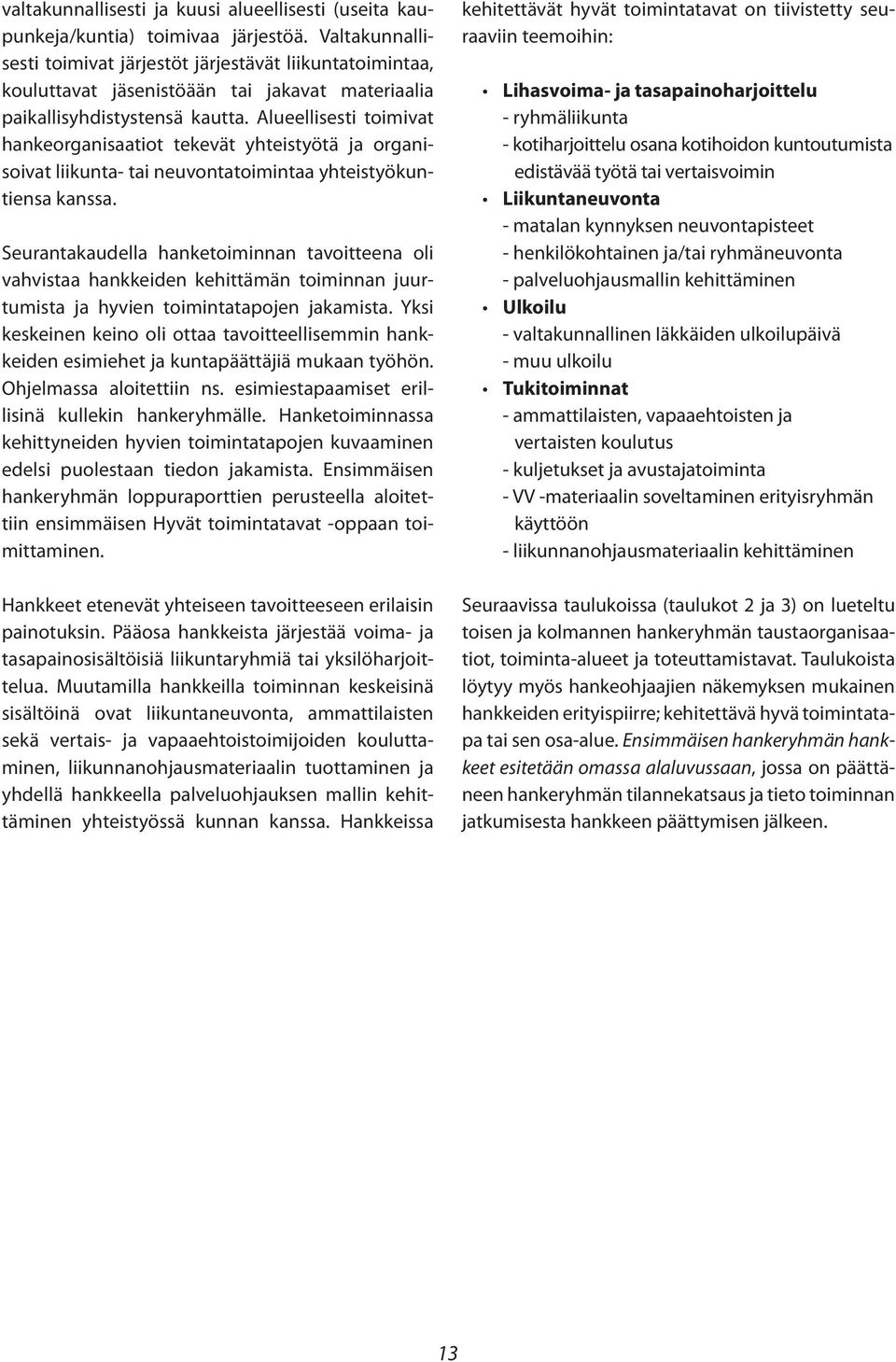 Alueellisesti toimivat hankeorganisaatiot tekevät yhteistyötä ja organisoivat liikunta- tai neuvontatoimintaa yhteistyökuntiensa kanssa.