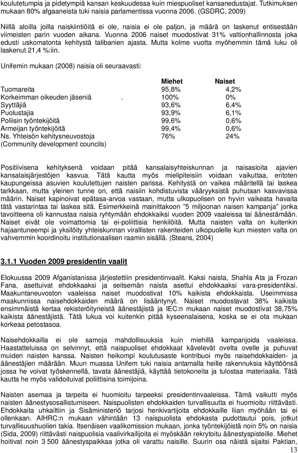 Vuonna 2006 naiset muodostivat 31% valtionhallinnosta joka edusti uskomatonta kehitystä talibanien ajasta. Mutta kolme vuotta myöhemmin tämä luku oli laskenut 21,4 %:iin.