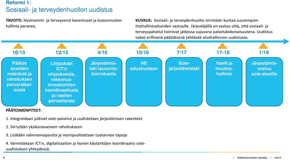 Järjestäjällä on vastuu siitä, että sosiaali ja terveyspalvelut toimivat jatkossa sujuvana palvelukokonaisuutena. Uudistus tukee erillisenä päätöksenä tehtävää aluehallinnon uudistusta.