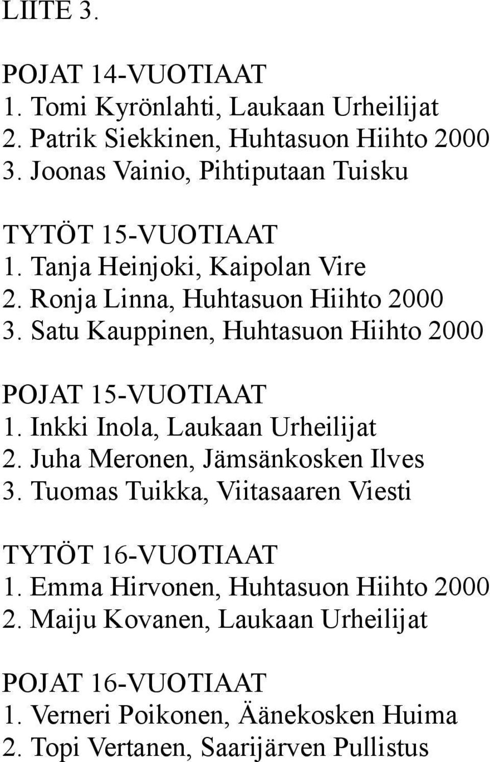 Satu Kauppinen, Huhtasuon Hiihto 2000 POJAT 15-VUOTIAAT 1. Inkki Inola, Laukaan Urheilijat 2. Juha Meronen, Jämsänkosken Ilves 3.