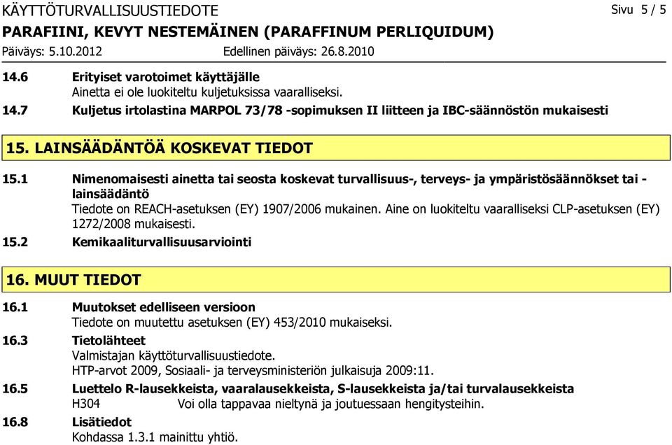 Aine on luokiteltu vaaralliseksi CLP-asetuksen (EY) 1272/2008 mukaisesti. 15.2 Kemikaaliturvallisuusarviointi 16. MUUT TIEDOT 16.