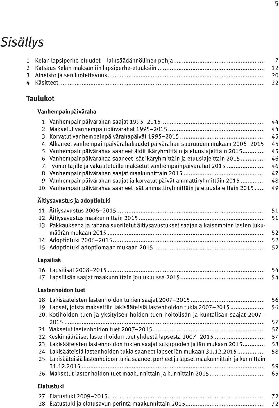 Alkaneet vanhempainpäivärahakaudet päivärahan suuruuden mukaan 2006 2015 45 5. Vanhempainpäivärahaa saaneet äidit ikäryhmittäin ja etuuslajeittain 2015... 45 6.
