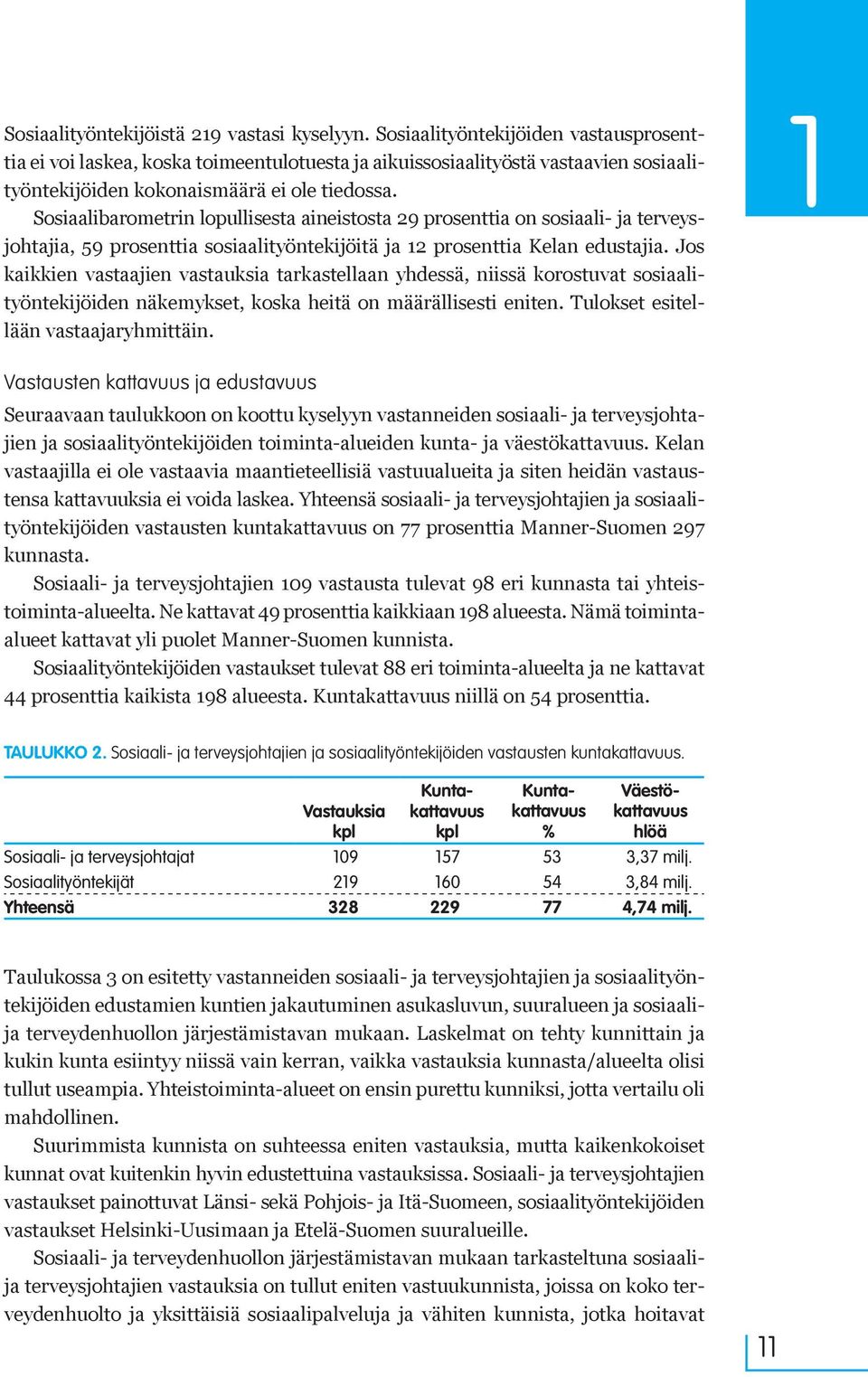 Sosiaalibarometrin lopullisesta aineistosta 29 prosenttia on sosiaali- ja terveysjohtajia, 59 prosenttia sosiaalityöntekijöitä ja 12 prosenttia Kelan edustajia.
