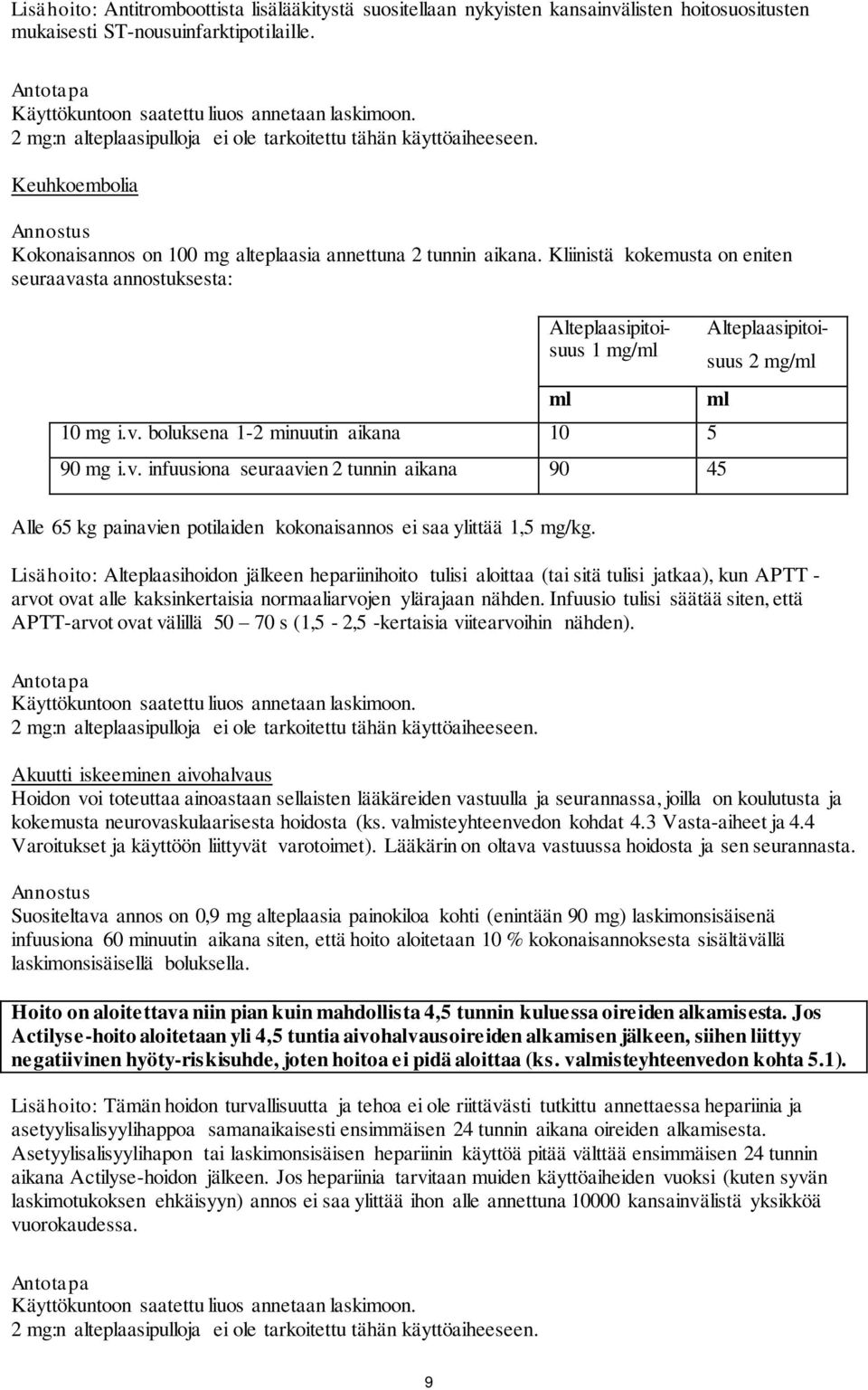 Kliinistä kokemusta on eniten seuraavasta annostuksesta: Alteplaasipitoisuus 1 mg/ 10 mg i.v. boluksena 1-2 minuutin aikana 10 5 90 mg i.v. infuusiona seuraavien 2 tunnin aikana 90 45 Alle 65 kg painavien potilaiden kokonaisannos ei saa ylittää 1,5 mg/kg.