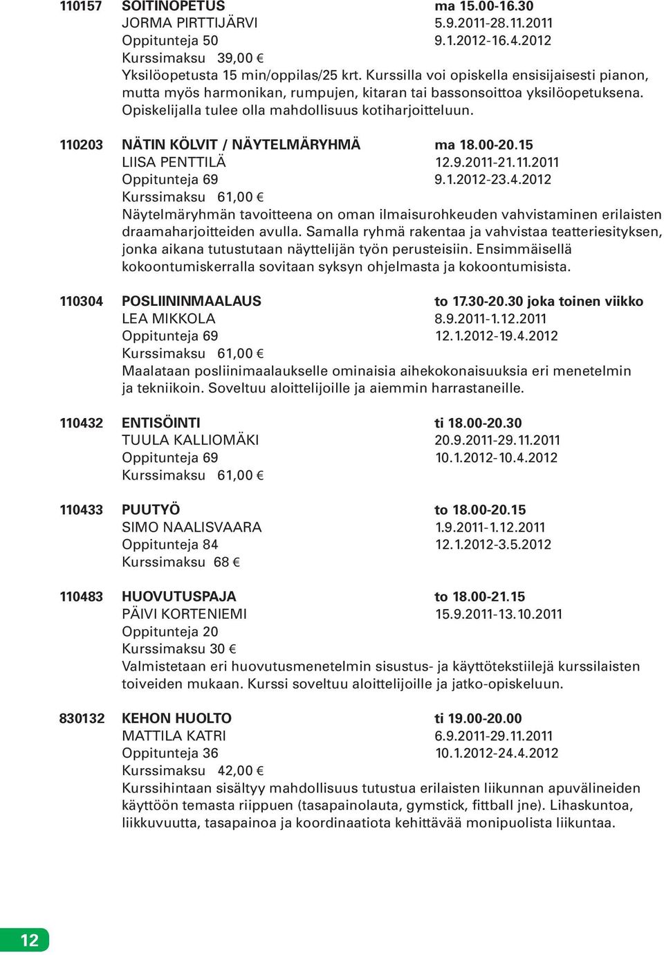 110203 NÄTIN KÖLVIT / NÄYTELMÄRYHMÄ ma 18.00-20.15 LIISA PENTTILÄ 12.9.2011-21.11.2011 Oppitunteja 69 9.1.2012-23.4.