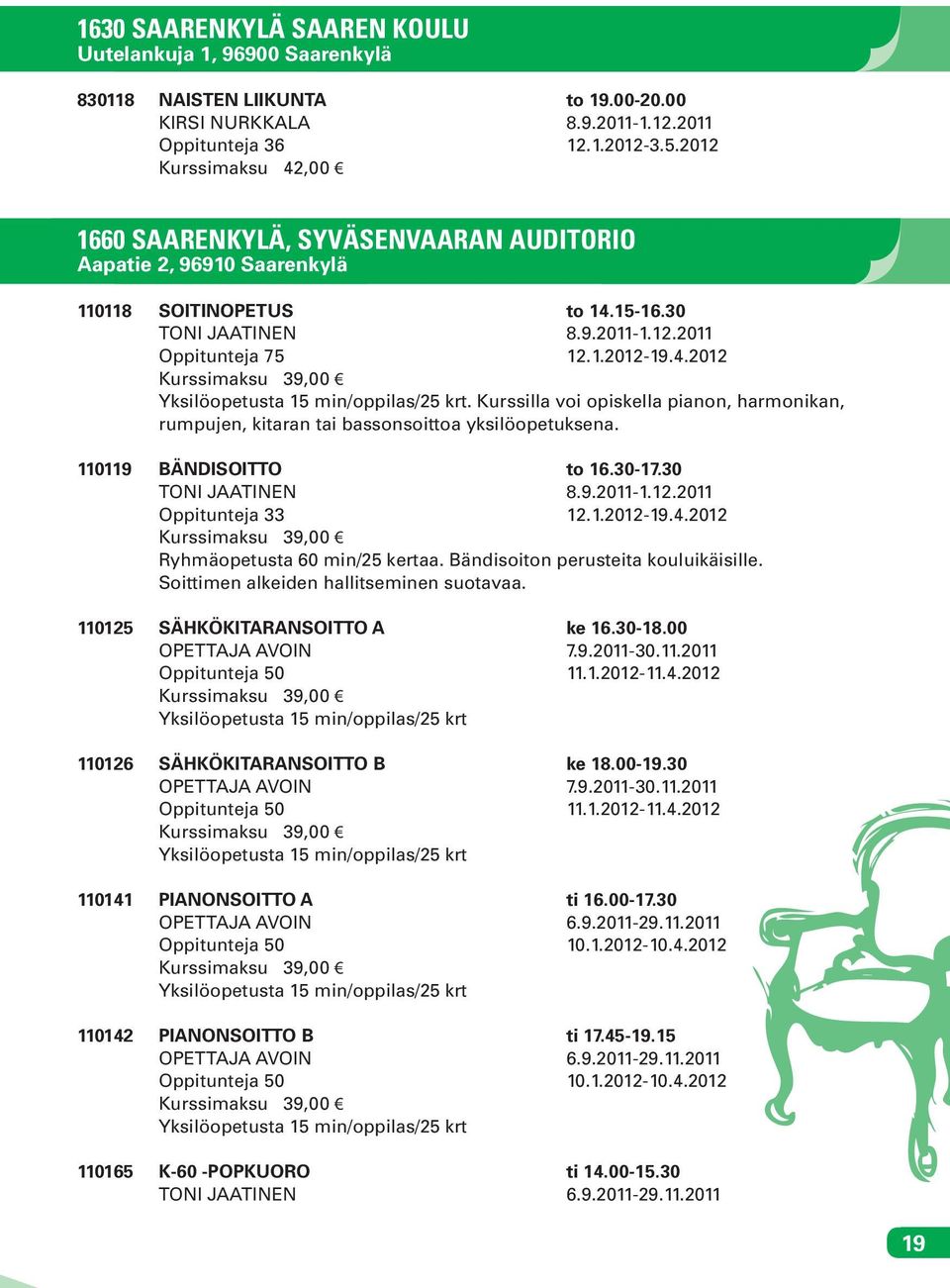 Kurssilla voi opiskella pianon, harmonikan, rumpujen, kitaran tai bassonsoittoa yksilöopetuksena. 110119 BÄNDISOITTO to 16.30-17.30 TONI JAATINEN 8.9.2011-1.12.2011 Oppitunteja 33 12.1.2012-19.4.