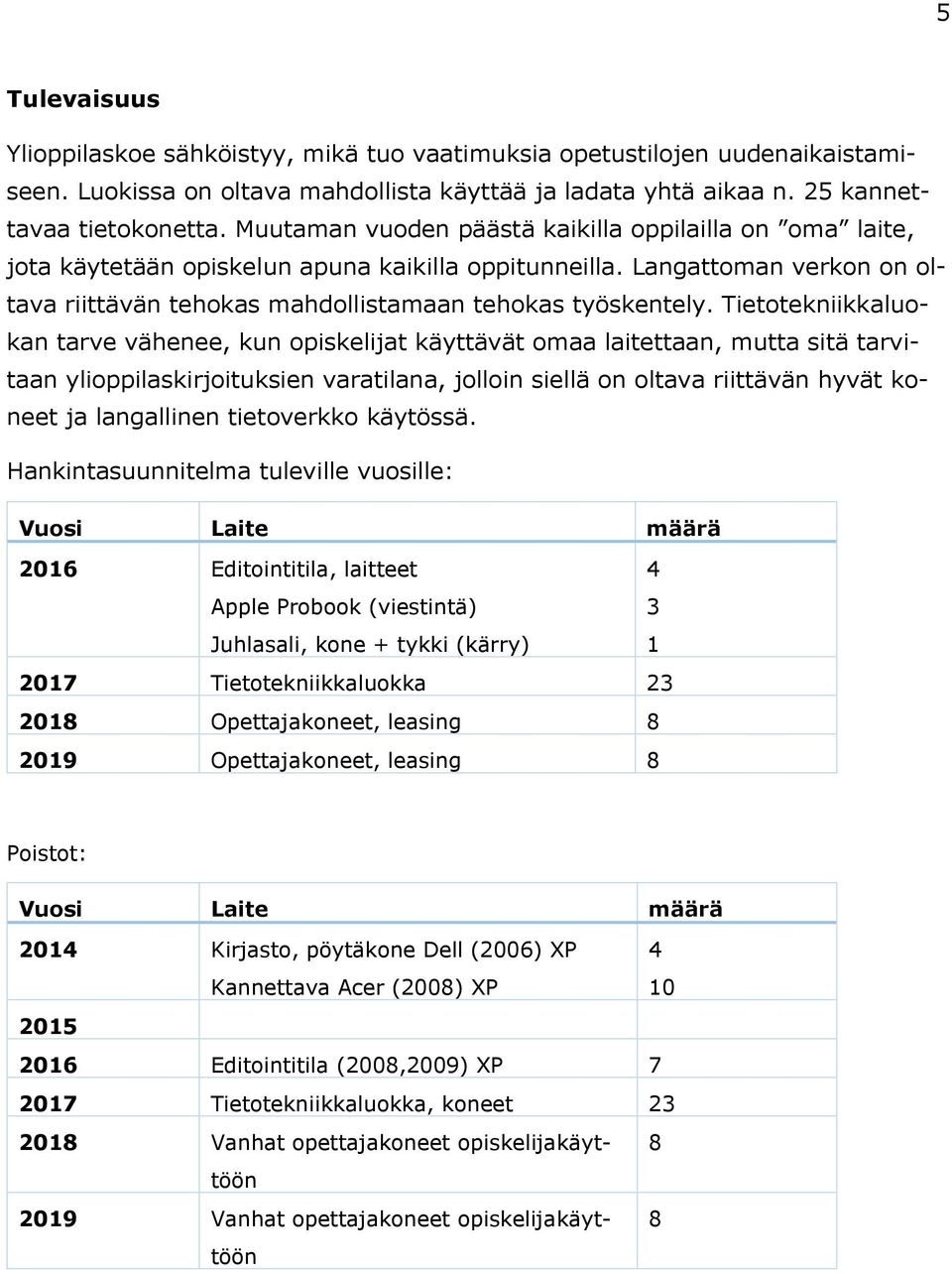 Tietotekniikkaluokan tarve vähenee, kun opiskelijat käyttävät omaa laitettaan, mutta sitä tarvitaan ylioppilaskirjoituksien varatilana, jolloin siellä on oltava riittävän hyvät koneet ja langallinen