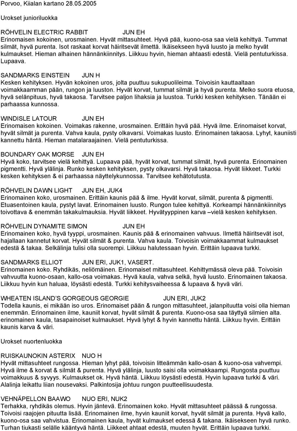 Vielä pentuturkissa. Lupaava. SANDMARKS EINSTEIN JUN H Kesken kehityksen. Hyvän kokoinen uros, jolta puuttuu sukupuolileima. Toivoisin kauttaaltaan voimakkaamman pään, rungon ja luuston.