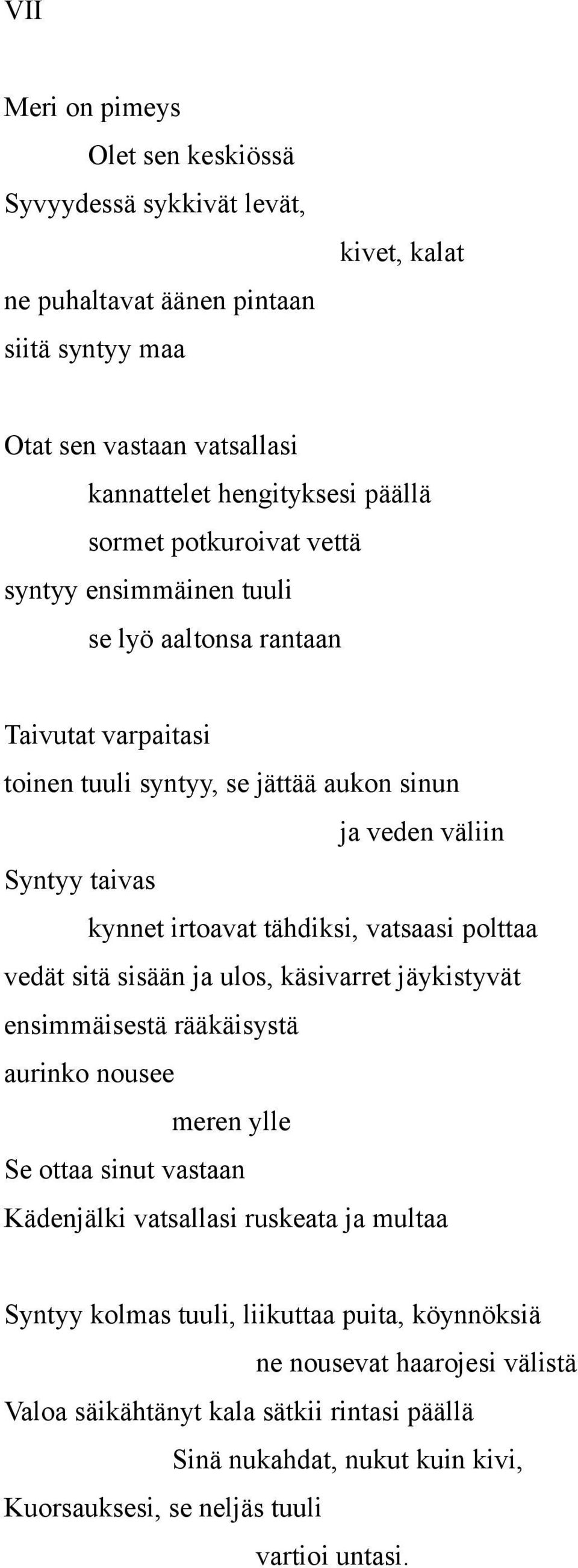 vatsaasi polttaa vedät sitä sisään ja ulos, käsivarret jäykistyvät ensimmäisestä rääkäisystä aurinko nousee meren ylle Se ottaa sinut vastaan Kädenjälki vatsallasi ruskeata ja multaa Syntyy