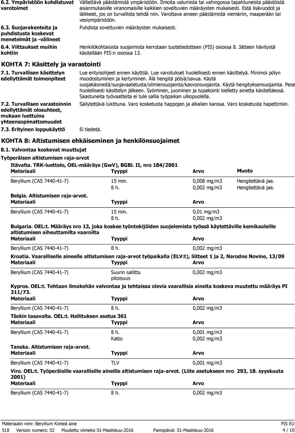 Varottava aineen päästämistä viemäriin, maaperään tai vesiympäristöön. Puhdista soveltuvien määräysten mukaisesti. Henkilökohtaisista suojaimista kerrotaan tuotetiedotteen (PIS) osiossa 8.