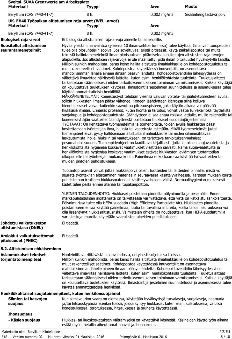 Hyvää yleistä ilmanvaihtoa (yleensä 10 ilmanvaihtoa tunnissa) tulee käyttää. Ilmanvaihtonopeuden tulee olla olosuhteisiin sopiva.
