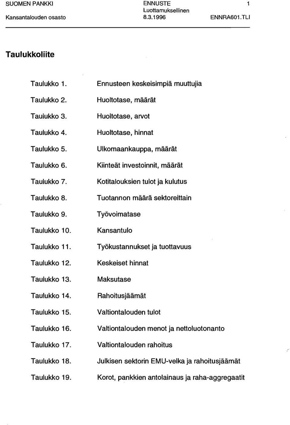 Ennusteen keskeisimpiä muuttujia Hulttase, määrät Hulttase, arvt Hulttase, hinnat Ulkmaankauppa, määrät Kiinteät investinnit, määrät Ktitaluksien tult ja kulutus Tutannn