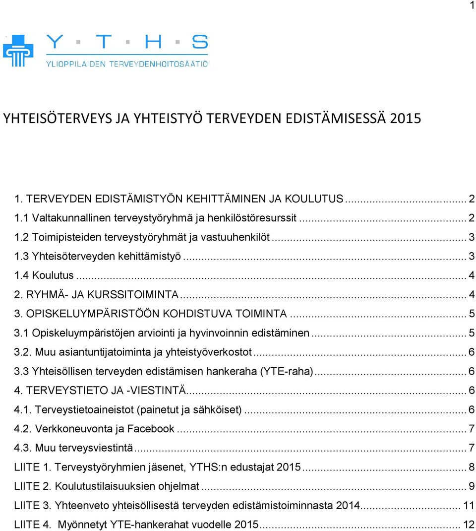 1 Opiskeluympäristöjen arviointi ja hyvinvoinnin edistäminen... 5 3.2. Muu asiantuntijatoiminta ja yhteistyöverkostot... 6 3.3 Yhteisöllisen terveyden edistämisen hankeraha (YTE-raha)... 6 4.