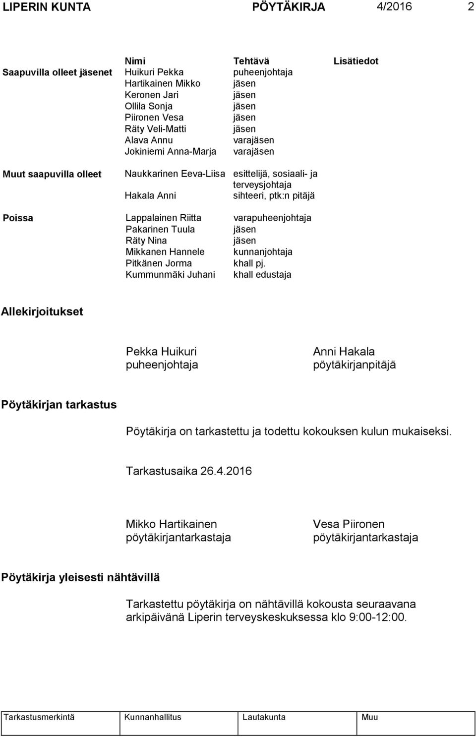 Lappalainen Riitta varapuheenjohtaja Pakarinen Tuula jäsen Räty Nina jäsen Mikkanen Hannele kunnanjohtaja Pitkänen Jorma khall pj.