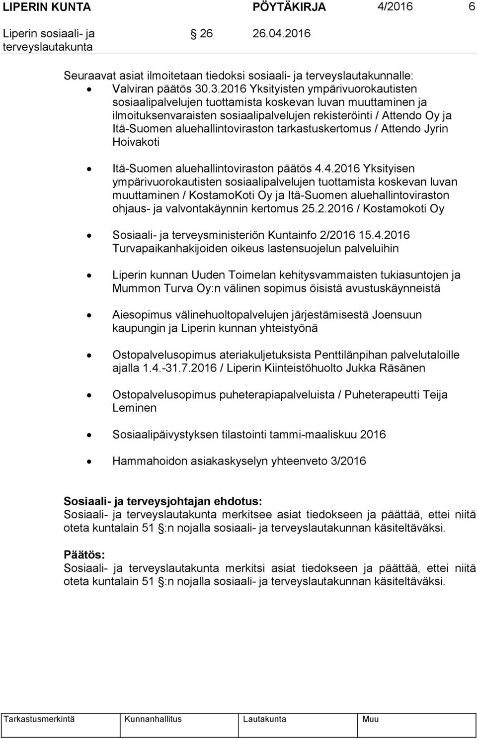 aluehallintoviraston tarkastuskertomus / Attendo Jyrin Hoivakoti Itä-Suomen aluehallintoviraston päätös 4.