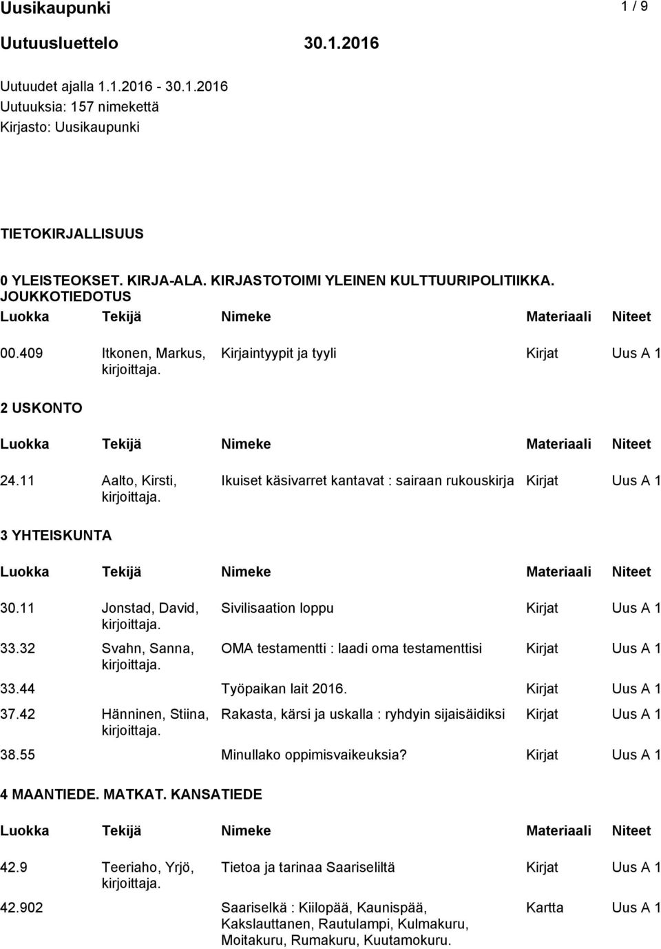 Aalto, Kirsti, Ikuiset käsivarret kantavat : sairaan rukouskirja 3 YHTEISKUNTA 30. Jonstad, David, 33.32 Svahn, Sanna, Sivilisaation loppu OMA testamentti : laadi oma testamenttisi 33.