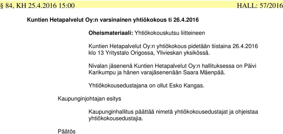 Nivalan jäsenenä Kuntien Hetapalvelut Oy:n hallituksessa on Päivi Karikumpu ja hänen varajäsenenään Saara Mäenpää.