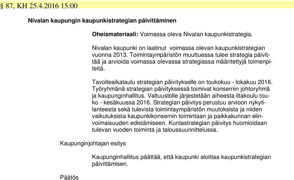 Toimintaympäristön muuttuessa tulee strategia päivittää ja arvioida voimassa olevassa strategiassa määritettyjä toimenpiteitä. Tavoiteaikataulu strategian päivitykselle on toukokuu - lokakuu 2016.