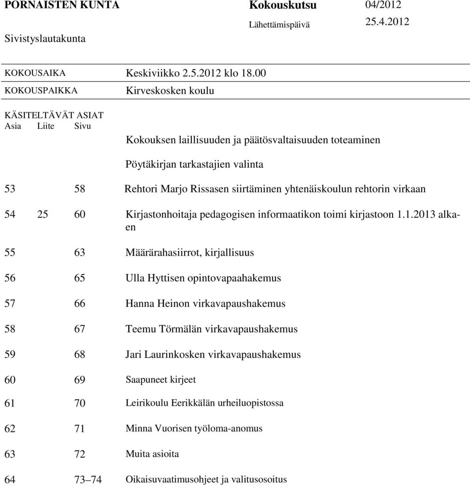 yhtenäiskoulun rehtorin virkaan 54 25 60 Kirjastonhoitaja pedagogisen informaatikon toimi kirjastoon 1.