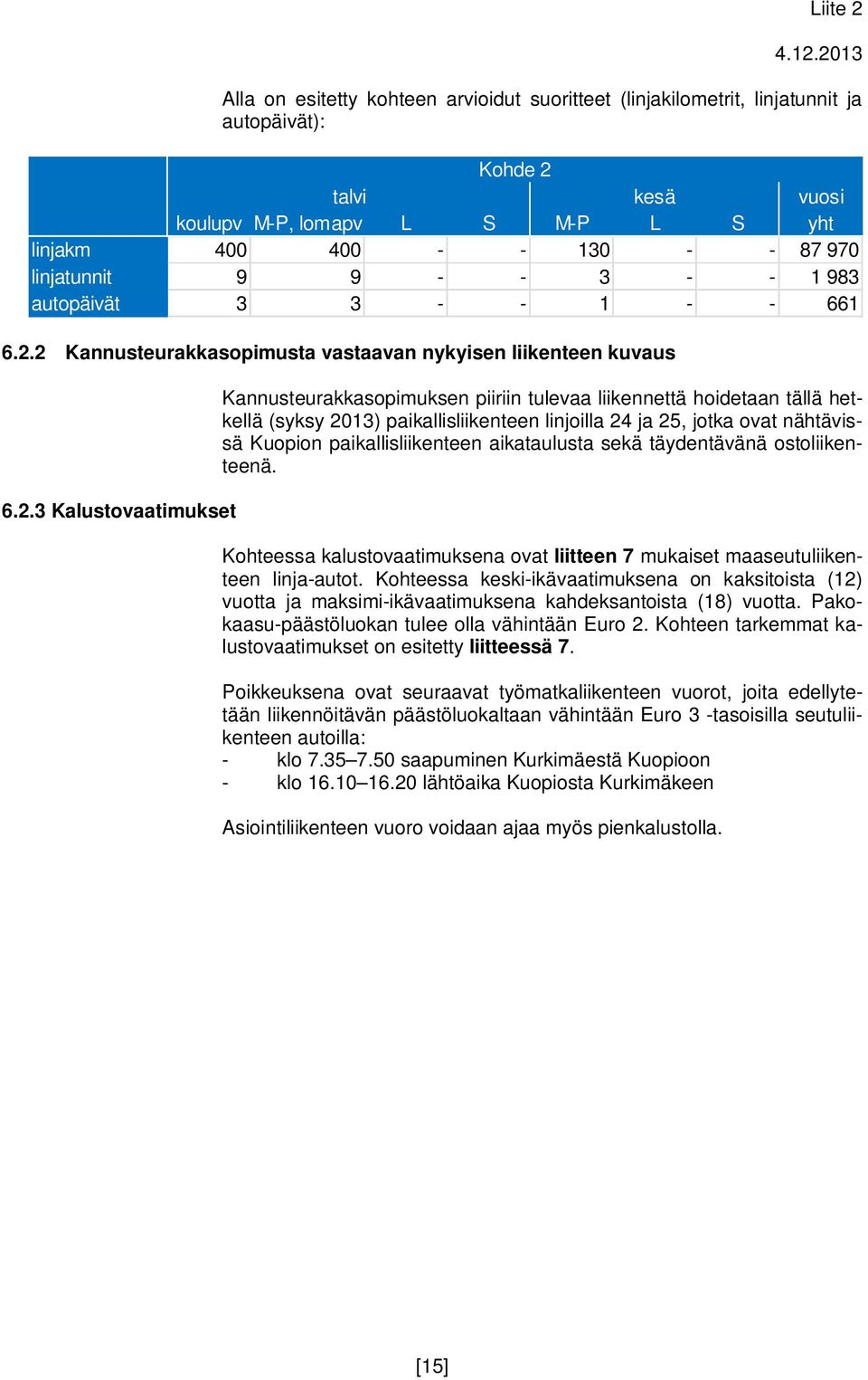 2 Kannusteurakkasopimusta vastaavan nykyisen liikenteen kuvaus 6.2.3 Kalustovaatimukset Kannusteurakkasopimuksen piiriin tulevaa liikennettä hoidetaan tällä hetkellä (syksy 2013) paikallisliikenteen