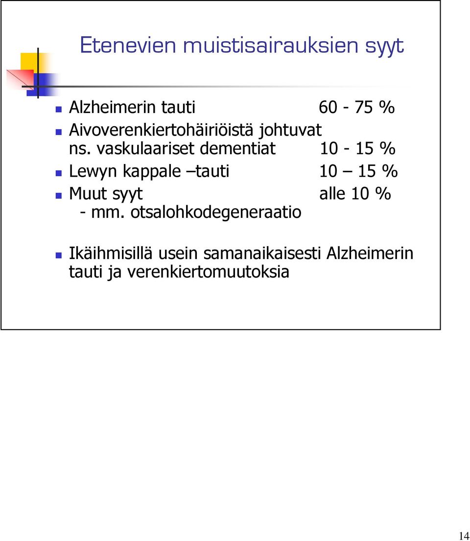 vaskulaariset dementiat 10-15 % Lewyn kappale tauti 10 15 % Muut syyt