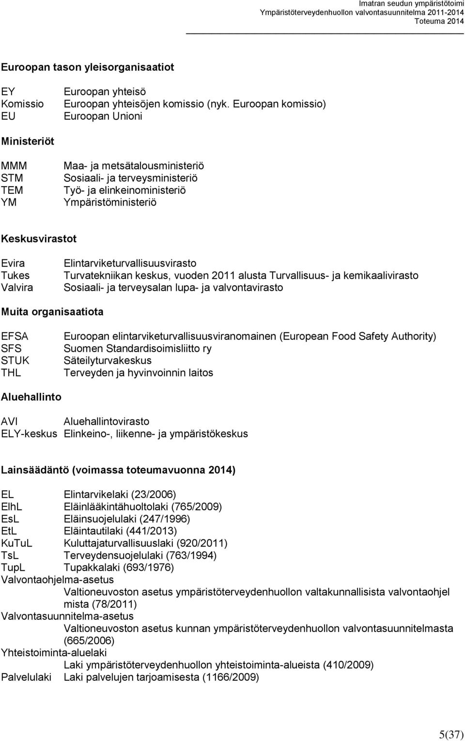 Valvira Elintarviketurvallisuusvirasto Turvatekniikan keskus, vuoden 2011 alusta Turvallisuus- ja kemikaalivirasto Sosiaali- ja terveysalan lupa- ja valvontavirasto Muita organisaatiota EFSA SFS STUK