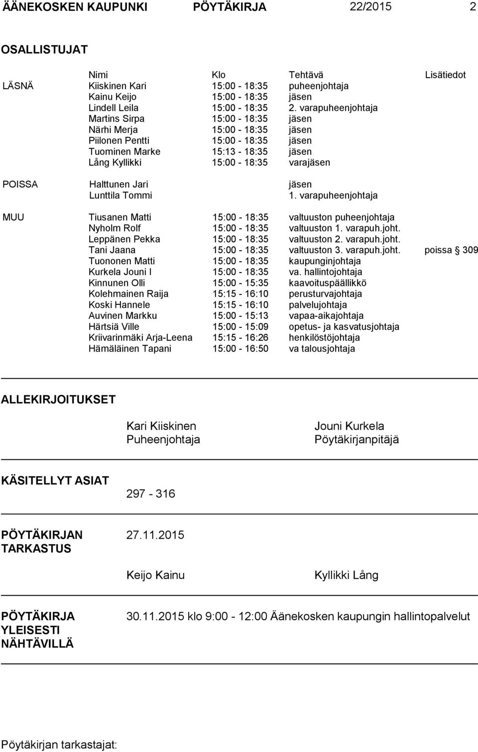 Jari jäsen Lunttila Tommi 1. varapuheenjohtaja MUU Tiusanen Matti 15:00-18:35 valtuuston puheenjohtaja Nyholm Rolf 15:00-18:35 valtuuston 1. varapuh.joht. Leppänen Pekka 15:00-18:35 valtuuston 2.