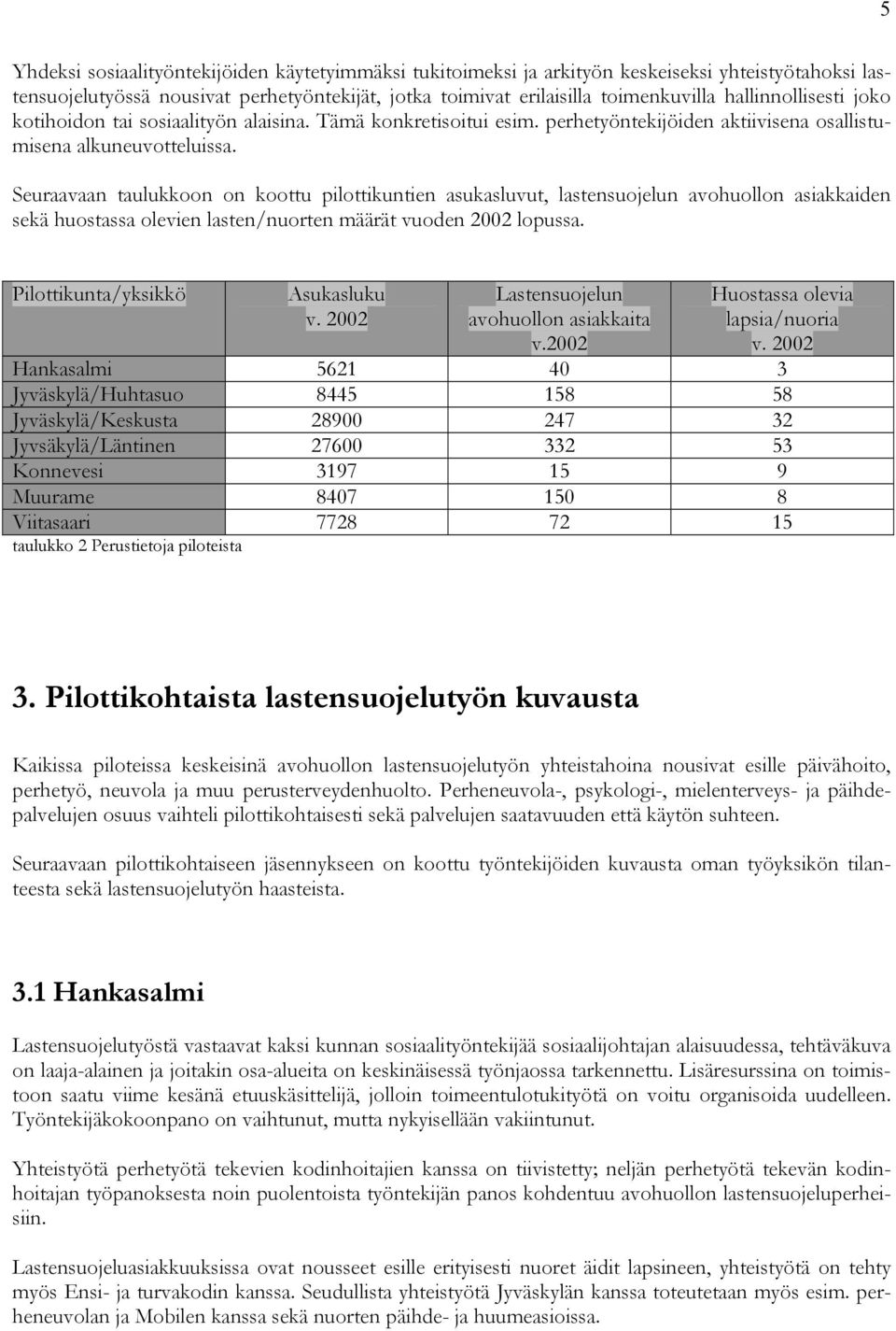 Seuraavaan taulukkoon on koottu pilottikuntien asukasluvut, lastensuojelun avohuollon asiakkaiden sekä huostassa olevien lasten/nuorten määrät vuoden 2002 lopussa. Pilottikunta/yksikkö Asukasluku v.