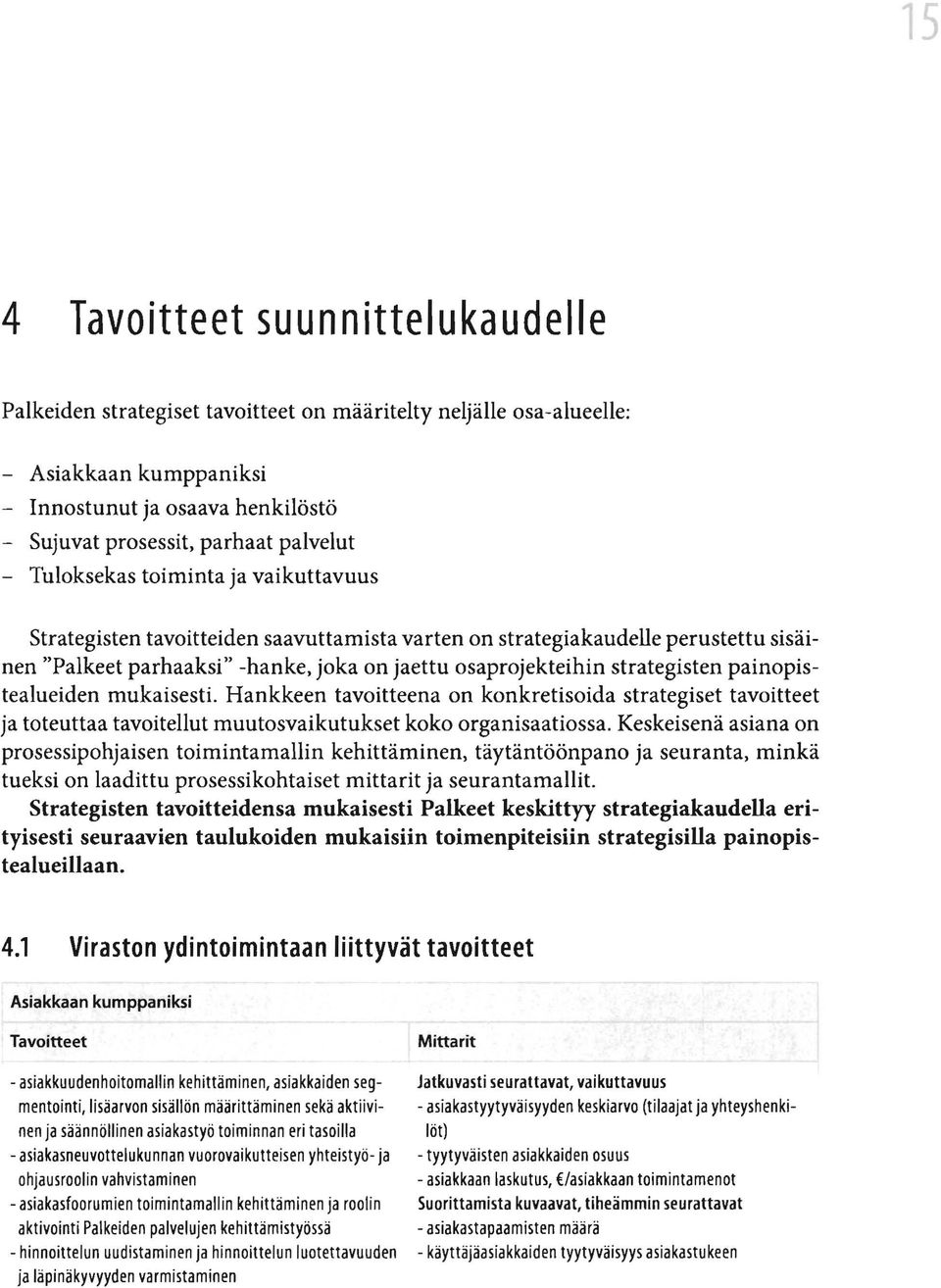 strategisten painopistealueiden mukaisesti. Hankkeen tavoitteena on konkretisoida strategiset tavoitteet ja toteuttaa tavoitellut muutosvaikutukset koko organisaatiossa.