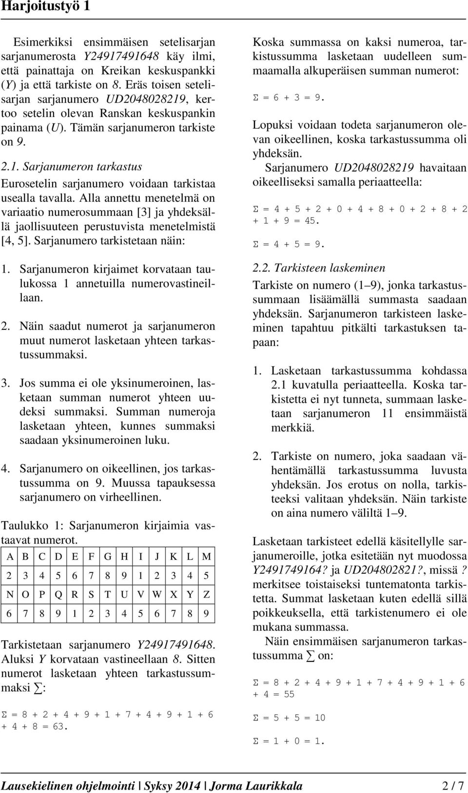 .. Sarjanumeron tarkastus Eurosetelin sarjanumero voidaan tarkistaa usealla tavalla. Alla annettu menetelmä on variaatio numerosummaan [] ja yhdeksällä jaollisuuteen perustuvista menetelmistä [, 5].