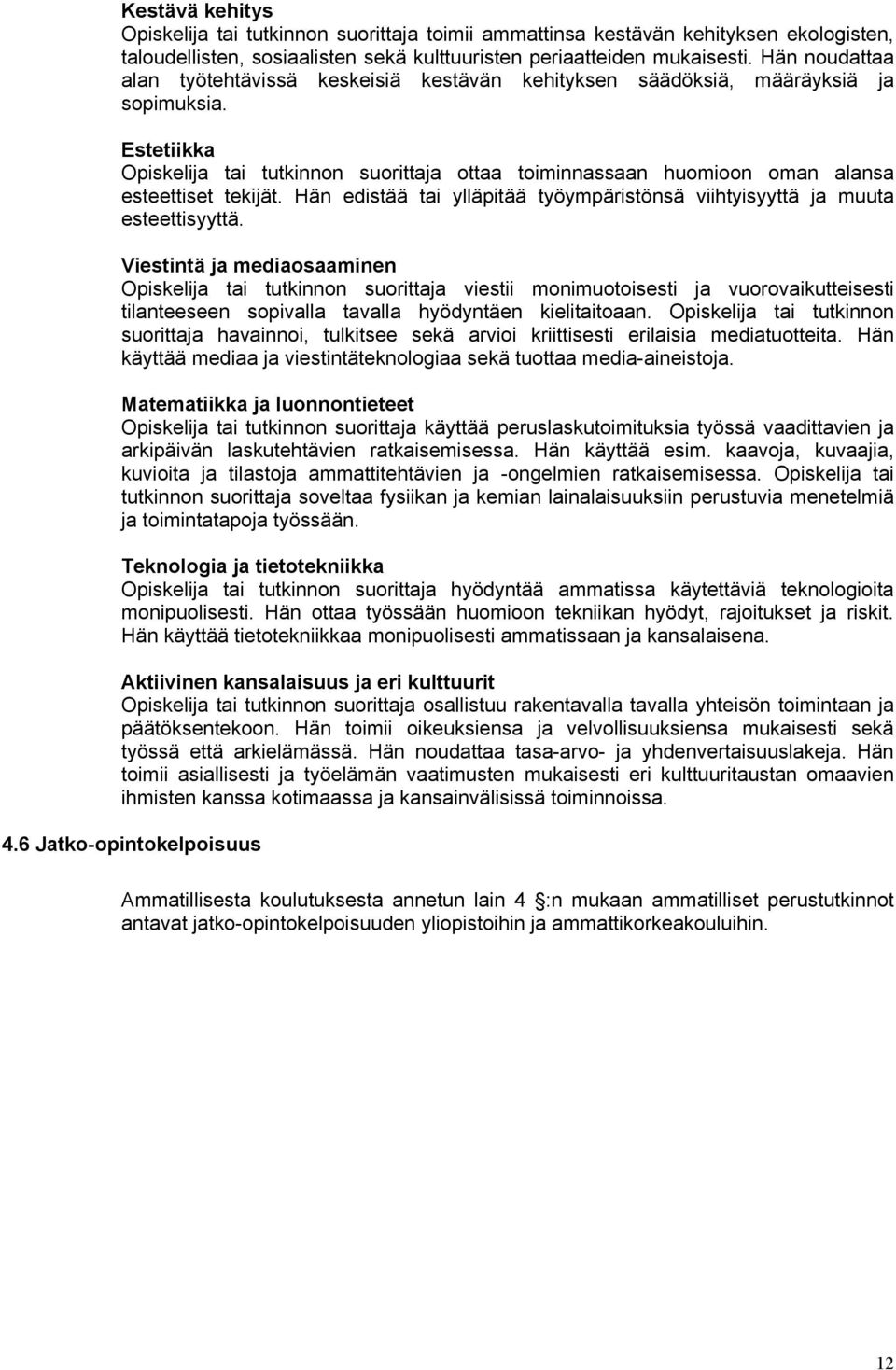 Estetiikka Opiskelija tai tutkinnon suorittaja ottaa toiminnassaan huomioon oman alansa esteettiset tekijät. Hän edistää tai ylläpitää työympäristönsä viihtyisyyttä ja muuta esteettisyyttä.