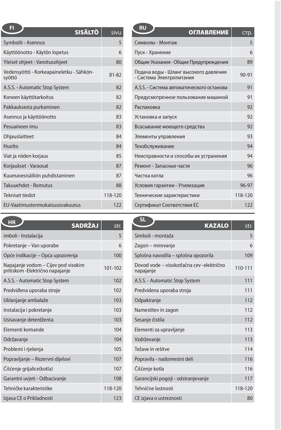puhdistaminen 87 Takuuehdot - Romutus 88 Tekniset tiedot 118-120 EU-Vaatimustenmukaisuusvakuutus 122 HR SADRŽAJ str.