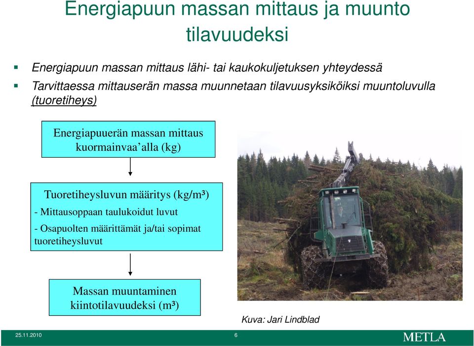 Energiapuuerän massan mittaus kuormainvaa alla (kg) Tuoretiheysluvun määritys (kg/m³) - Mittausoppaan taulukoidut